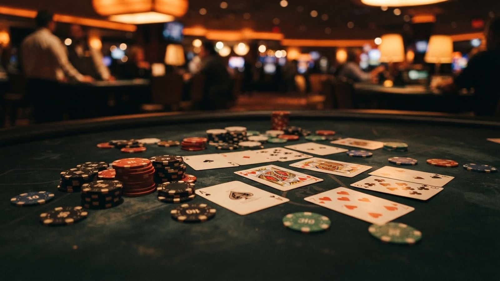 Casino chips and playing cards on felt table