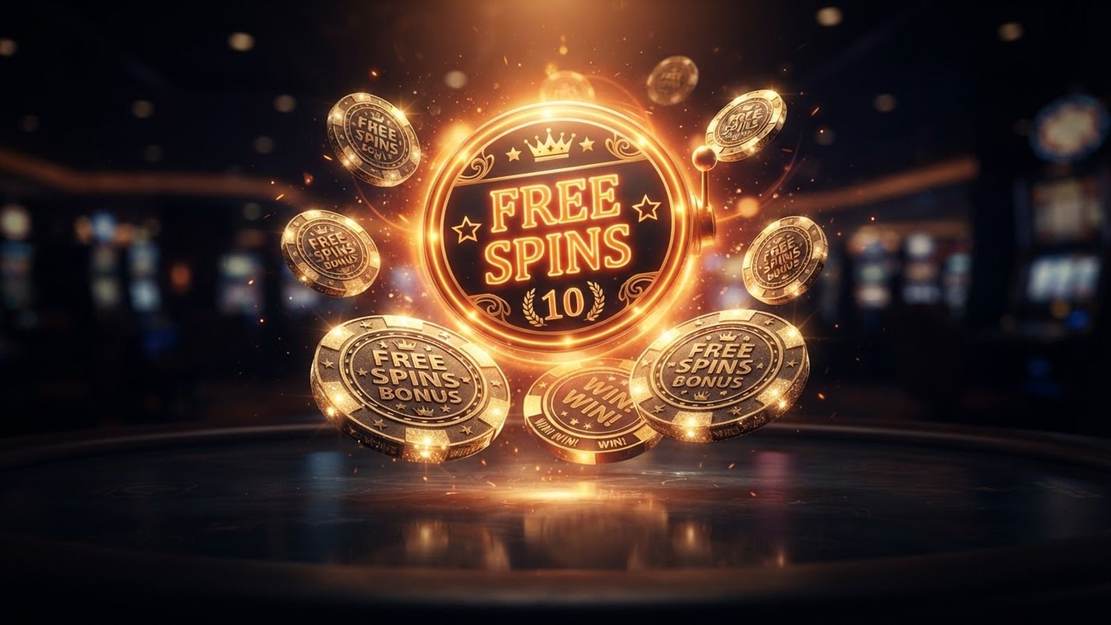 Golden free spins chips on dark surface