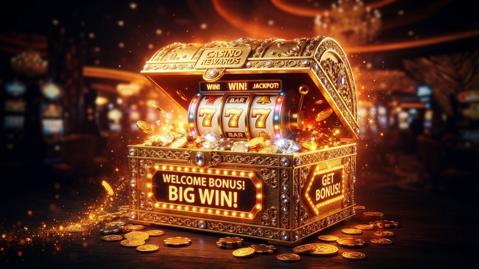 Golden gift box with casino coins