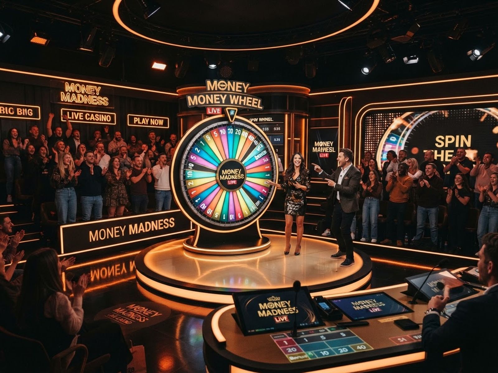 Live game show table with colorful wheel