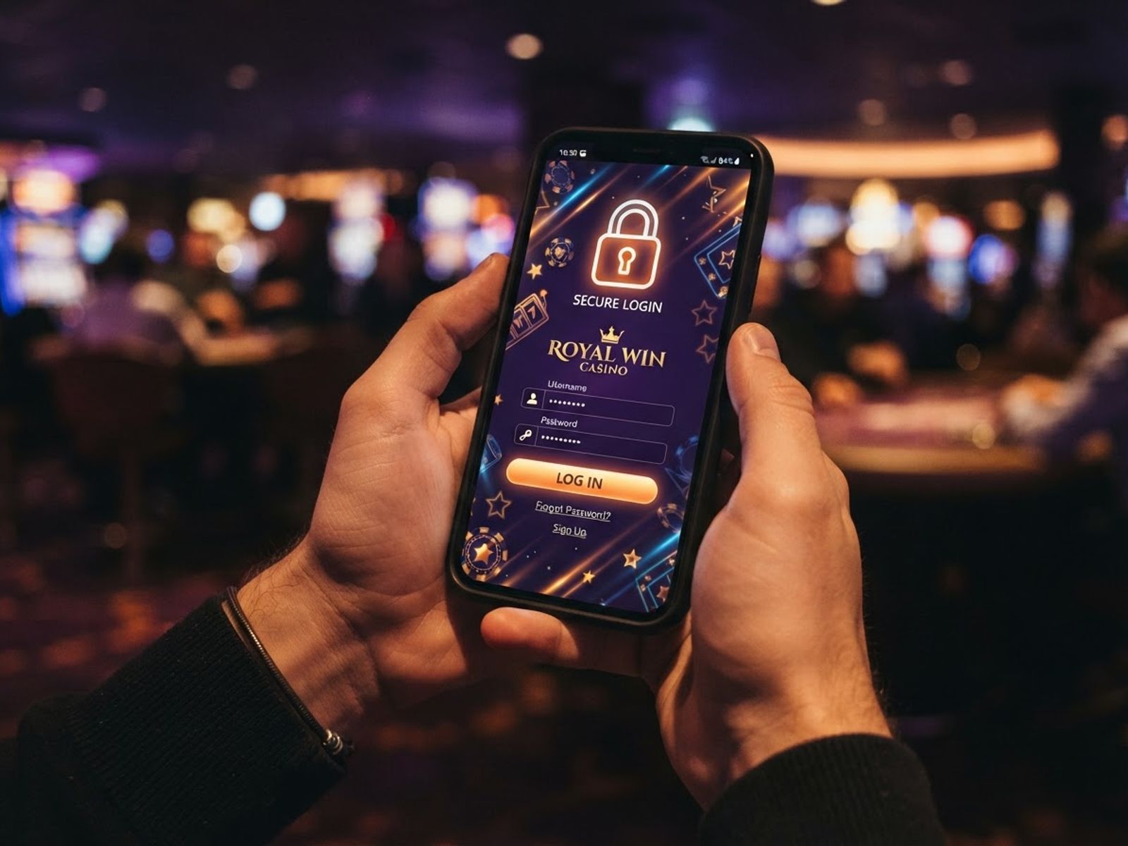 Hands holding phone with casino login