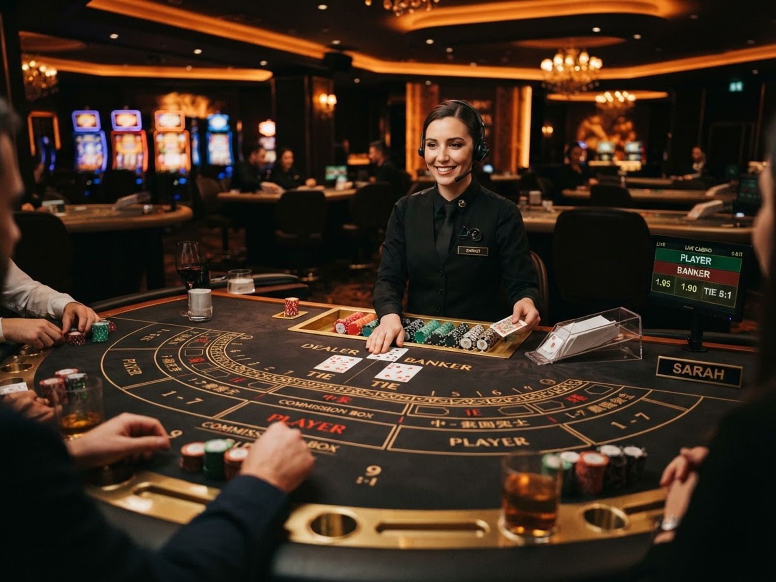 Live baccarat table with cards and chips