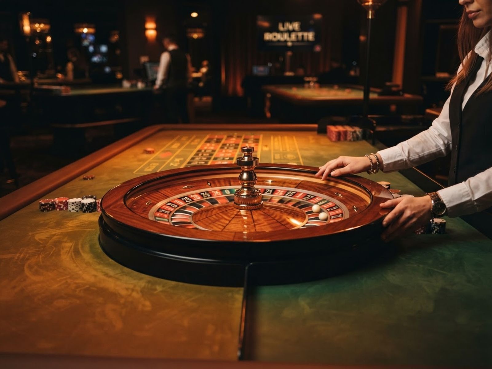 Live roulette wheel on green felt table