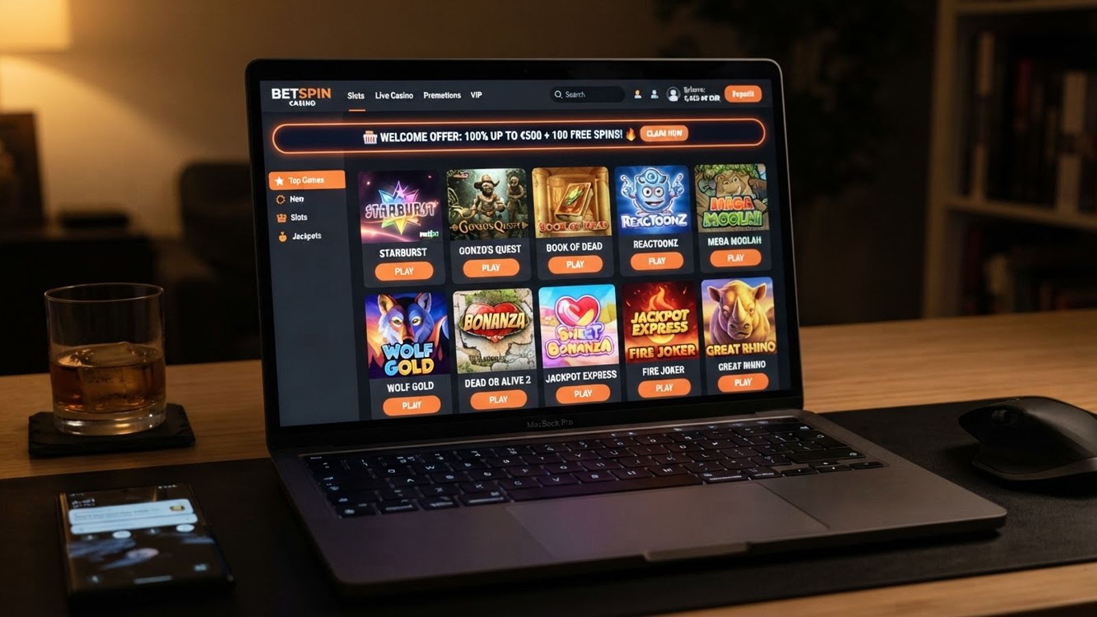 Modern online casino interface on laptop screen